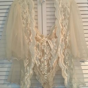 Ivory Lace and Sheer Teddy with Robe and Stockings